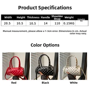 Polka dot cylinder bag size specifications and color options in red, black, and white PU