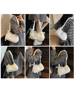 Detailed views of a white lace shoulder bag with ruffle straps and decorative bow