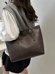 Minimalist large capacity coffee faux leather tote bag for women with vintage crackle finish