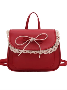 Zaino rosso per bambine con bordo in pizzo e fiocco in stile Lolita in pelle PU