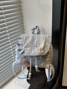 Mini Backpack Gingham Canvas Polyester Ruffle Trim Drawstring Bow Decor Sweet Korean Japanese Style For Women