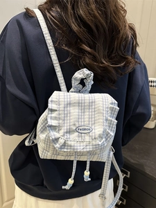 Blue gingham lace mini backpack with ruffles and fashion embroidery for school