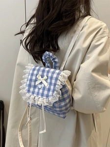 Sweet blue plaid lace backpack for women with ruffle edges and white bow decoration