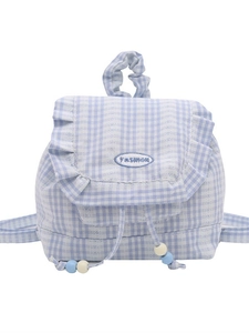 Blue lace plaid backpack with sweet ruffles and fashion embroidery for school or commute