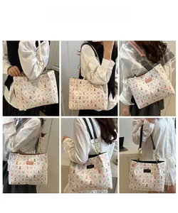 Detailed views of various cute bear prints on canvas pleated handbags with colorful straps