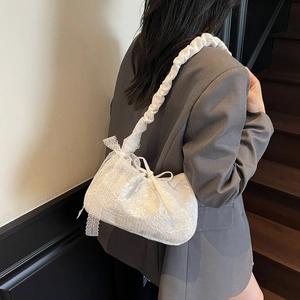 Elegant white lace tote bag with floral embroidery and ruched strap for women