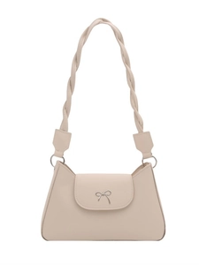 Minimalist cream shoulder bag with woven strap and silver bow detail for summer