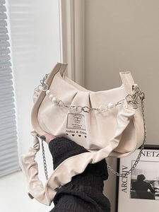 Women Ruched Shoulder Bag PU Leather Pleated Underarm Bag With Artificial Pearl And Flower Metal Chain Sweet Style