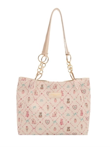 Floral print tote bag with cute animal patterns and golden chain strap on white background