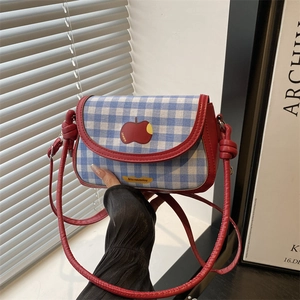 Women Gingham Crossbody Bag Cute Red Apple Patch PU Leather Fabric Small Square Shoulder Bag Casual Fashion Commuter Handbag