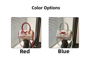 Detail of mini cylindrical bags featuring bow accents and polka dot prints in red and blue