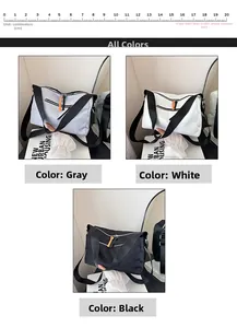 Three-color nylon crossbody bags set in grey, white, and black with orange zipper details