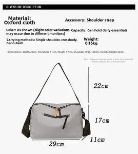 Detailed size chart and specifications for the waterproof Oxford fabric crossbody bag