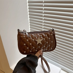 Women Crossbody Bag Quilted PU Leather Star Rhinestone Underarm Shoulder Bag Y2K Niche Trendy Small Square Purse
