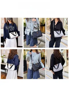 Detail view of large capacity nylon messenger bags in white, black, and light purple