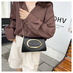 Close-up of black crossbody bag with large gold C-clasp and thin metal chain strap