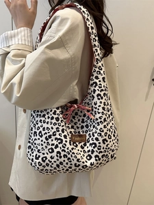 Borsa tote leopardata retrò da donna con etichetta fashion e grande capacità in tela