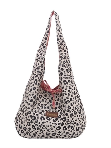 Borsa tote in tela leopardata con coulisse a quadretti rossi e targhetta in pelle marrone