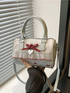Borsa Boston Sweet Lolita a Pois per Donna in Pelle PU con Bordo in Pizzo Fiocco e Ciondolo a Cuore Borsa a Tracolla