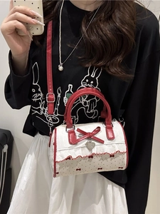 Borsa Boston dopamina rossa e bianca con fiocco e pizzo per donne alla moda