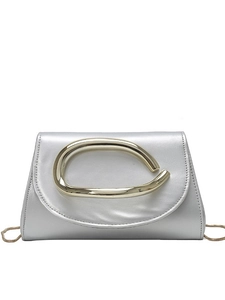 Silver metallic leather evening clutch bag with gold irregular ring handle and chain