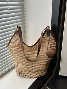 Women Large Capacity Straw Woven Tote Bag Summer Beach Vacation Hollow Mesh Shoulder Bag With Leather Trim And Charm