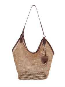Large capacity woven straw tote bag with brown leather trim and tassel for beach holidays