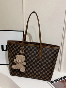 Women Vintage Monogram Tote Bag Large Capacity PU Leather Checkerboard Shoulder Bag With Bear Pendant For Office School Daily Use