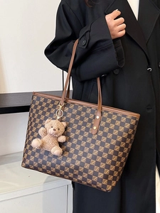 Large capacity monogram tote bag in coffee brown with teddy bear charm for daily commute