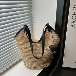Women Large Capacity Straw Woven Tote Bag Hollow Mesh Summer Beach Shoulder Bag With Synthetic Leather Handle And Pendant