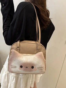 Cute toast cat backpack for women, beige shoulder bag with large capacity cartoon design