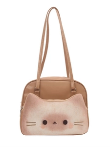 Cute toast cat themed brown backpack with 3D cartoon cat face and spacious design