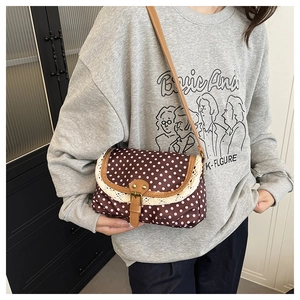 Close-up of retro brown polka dot canvas bag with lace trim and leather strap detail