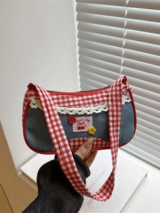 Sac Sous Le Bras En Jean Doux Avec Bordure À Carreaux Dentelle Décor Cerise Sac À Épaule Patchwork Rétro Pour Femmes
