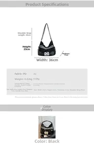 Detailed size chart for black PU leather tote bag with dimensions 36x23x11cm