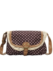 Vintage canvas crossbody bag with retro polka dots and lace trim decoration