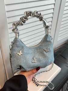 Y2K Denim Butterfly Shoulder Bag For Women Designer Pleated Handbag With Metal Chain Versatile Crossbody Small Hobo Bag