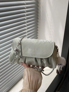 Women Pleated Cloud Shoulder Bag PU Leather Chain Strap Crossbody With Plush Monster Pendant Street Fashion