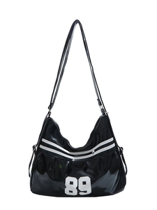 Black glossy PU tote bag with white 89 print and adjustable shoulder strap for women