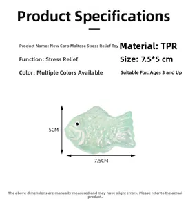 Detail view of a green carp squeeze toy made of TPR material with dimensions 7.5x5cm