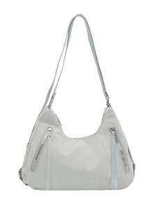 Versatile light grey hobo bag with decorative silver zippers and long tassels on white background