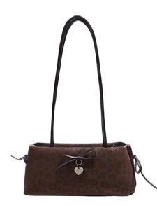Brown leopard print suede shoulder bag with delicate bow and silver heart pendant