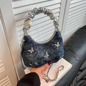 Butterfly Denim Handbag For Women Y2K Style Small Crossbody Bag With Silver Pleated Handle Metal Chain Versatile Shoulder Purse