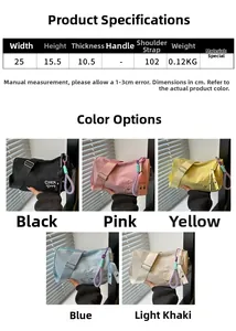 Detailed size chart and multi-color selection of lightweight embroidery crossbody bag