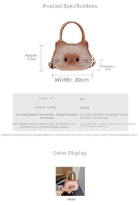 Detailed size specifications for cartoon cat toast crossbody bag with embroidery details