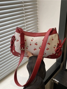 Women Cute Cherry Print Underarm Bag PU Leather Retro Baguette Shoulder Bag With Bow And Rivets Korean Style