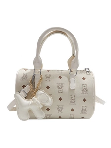 Sac Boston blanc crème avec motifs ours, doubles poignées et accessoire chien chic