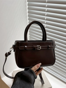 Mini Handbag For Women PU Leather Crossbody Bag With Belt Buckle Decor Top Handle Chic Minimalist Small Square Purse