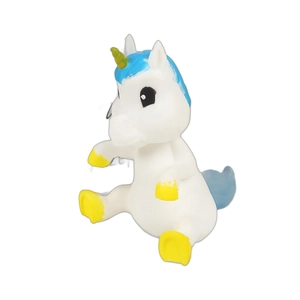 Simpatico unicorno bianco antistress con criniera blu e corno giallo per bambini