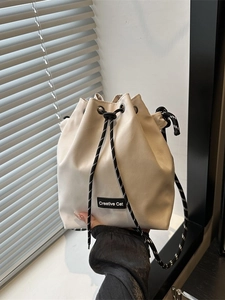 Women Drawstring Bucket Bag Nylon Contrast Woven Rope Strap Letter Patch Casual Crossbody Shoulder Purse Daily Fashion